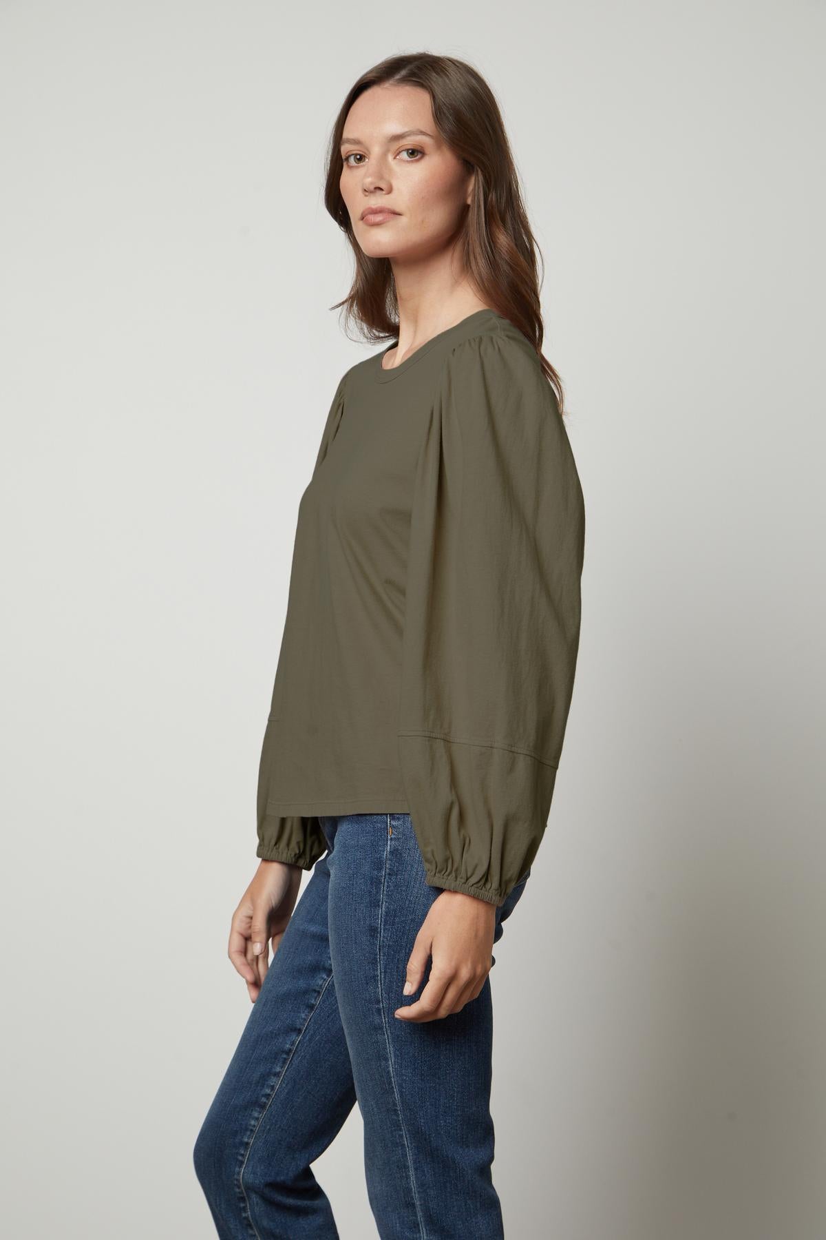   The JETTY CREW NECK TEE by Velvet by Graham & Spencer in olive green with a banded neckline. 