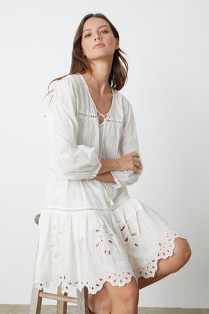 a woman sitting on a stool with arms folded  wearing a Velvet by Graham & Spencer RENEE EMBROIDERED COTTON DRESS.