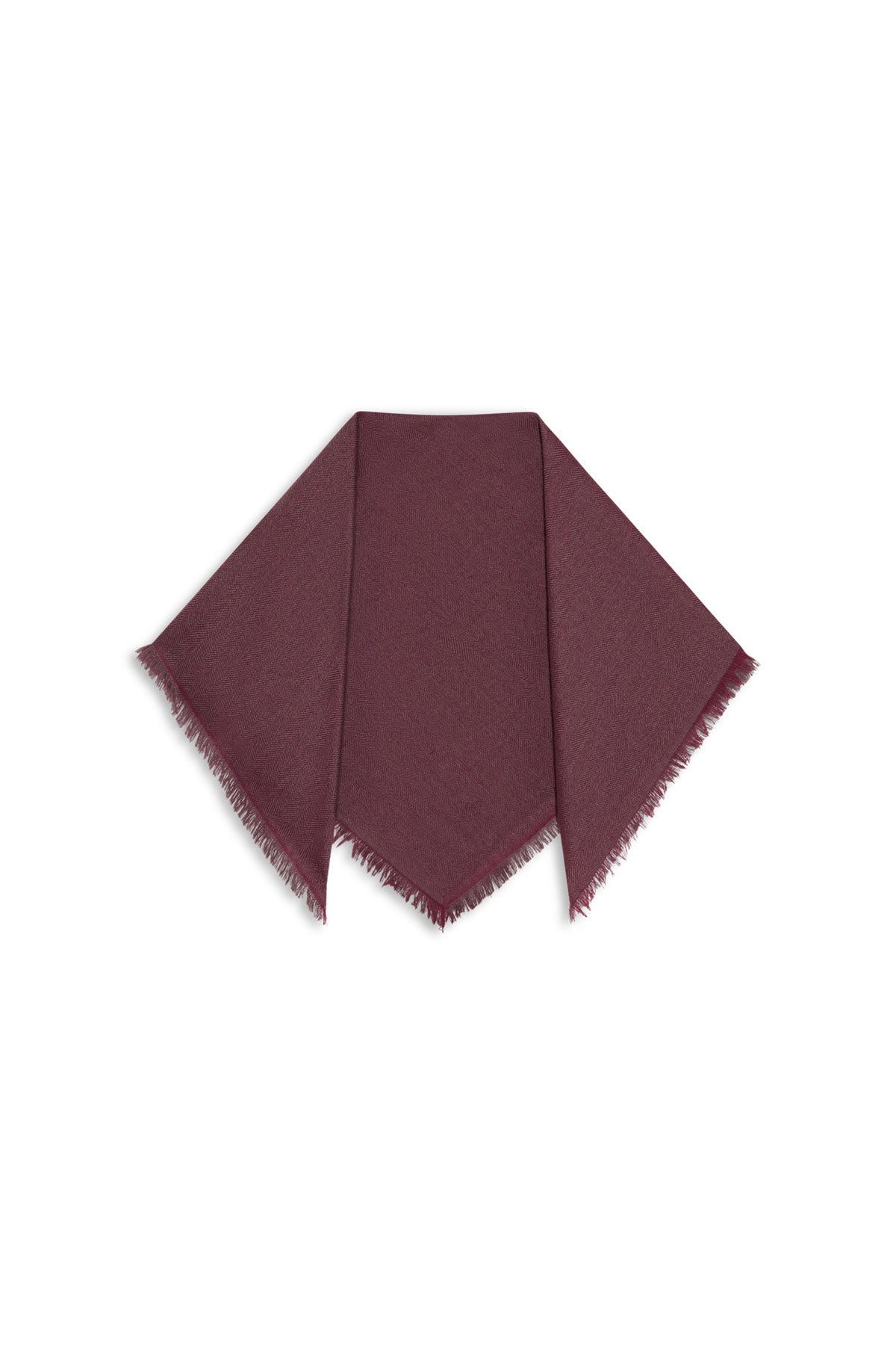 Dark maroon SUMMER CASHMERE HERRINGBONE SCARF, a square scarf with a frayed edge, folded into a triangle.