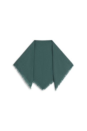 SUMMER CASHMERE HERRINGBONE SCARF in dark teal, featuring a triangular shape with a herringbone pattern and frayed edges.