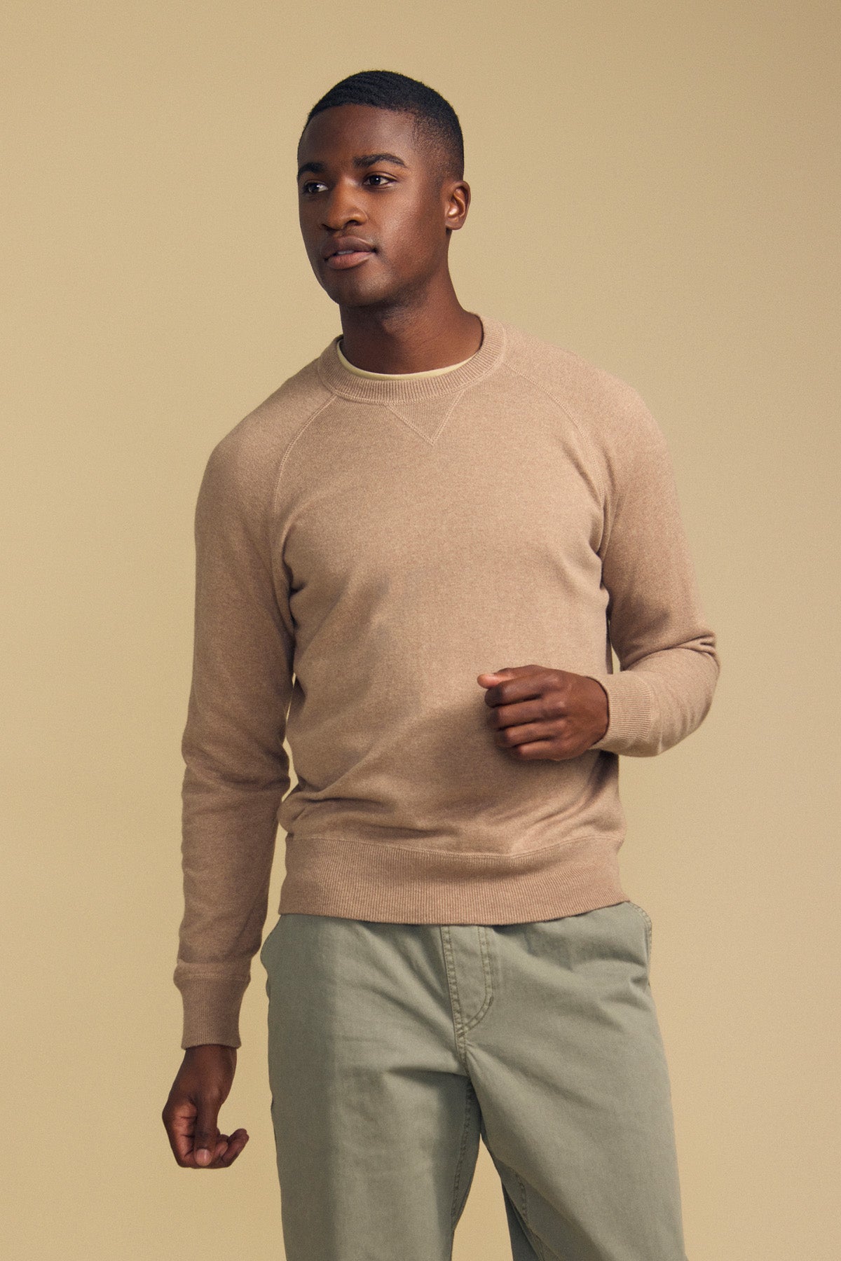 A person wearing the DARIO SWEATER by Velvet by Graham & Spencer—a tan cotton-cashmere knit with a crew neckline—paired with light green pants stands against a plain beige background, facing slightly to the side.-41859634462913