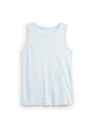 The TAURUS TANK TOP by Velvet by Graham & Spencer is a light blue sleeveless essential crafted from textured cotton slub. Featuring a classic crew neck, this top blends style and comfort perfectly, making it a must-have for any wardrobe.