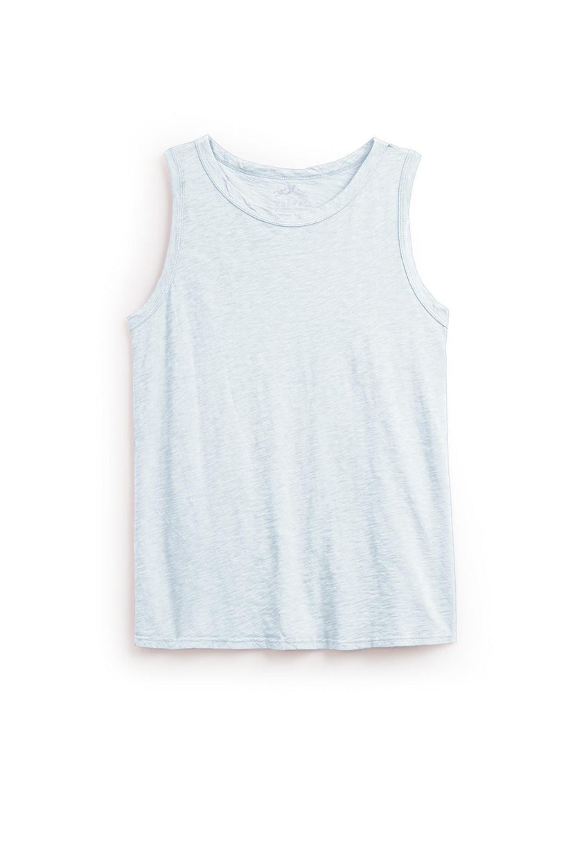 The TAURUS TANK TOP by Velvet by Graham & Spencer is a light blue sleeveless essential crafted from textured cotton slub. Featuring a classic crew neck, this top blends style and comfort perfectly, making it a must-have for any wardrobe.