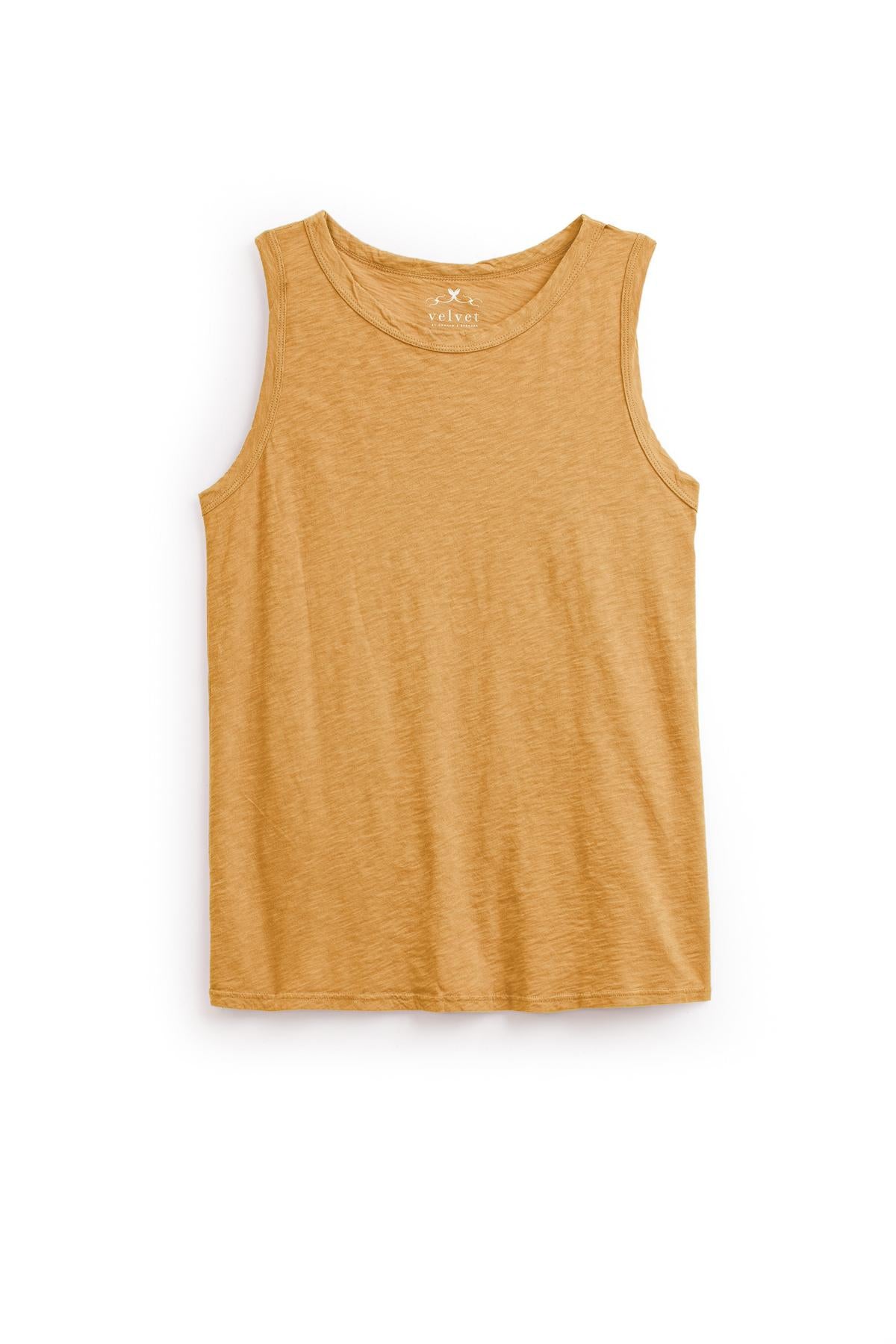   The Velvet by Graham & Spencer TAURUS TANK TOP is a timeless crew neck, sleeveless tank top in a mustard hue, crafted from textured cotton slub and displayed on a white background. 