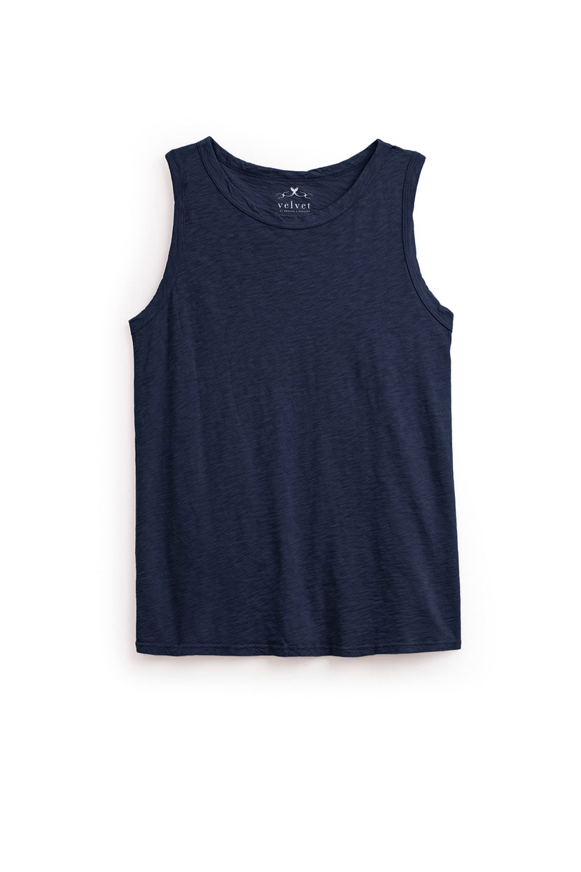 A sleeveless, plain dark blue TAURUS TANK TOP by Velvet by Graham & Spencer with a timeless crew neck and a round neckline, laid flat against a white background.