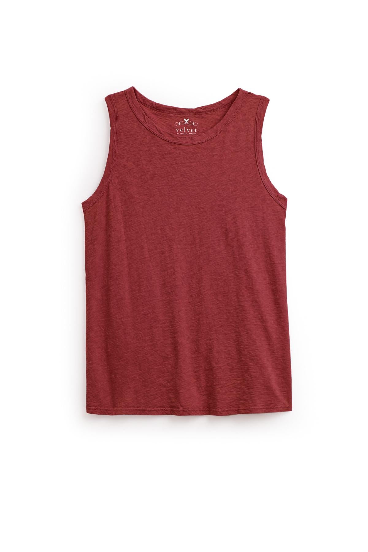 A sleeveless, red TAURUS COTTON SLUB TANK by Velvet by Graham & Spencer with a tomboy-inspired crew-neck, displayed against a plain white background.-35783162134721