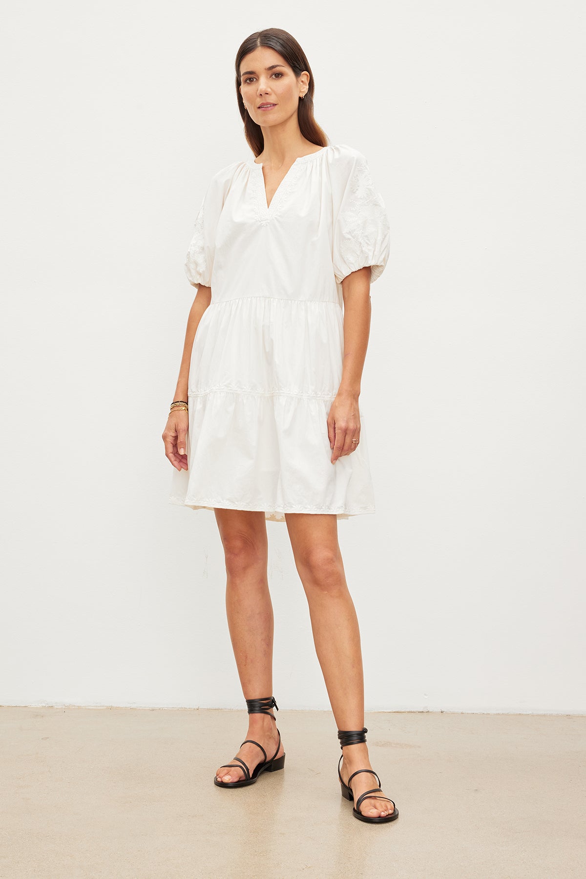 Velvet by Graham & Spencer CHRISSY EMBROIDERED BOHO DRESS with white puff sleeve mini dress and v-neckline.-35955557564609