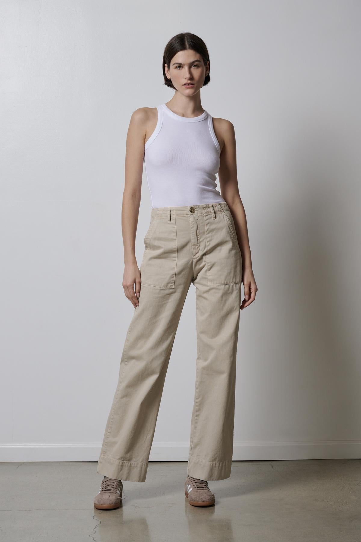 The model is wearing a white tank top and Velvet by Jenny Graham's VENTURA PANT.-26827818401985