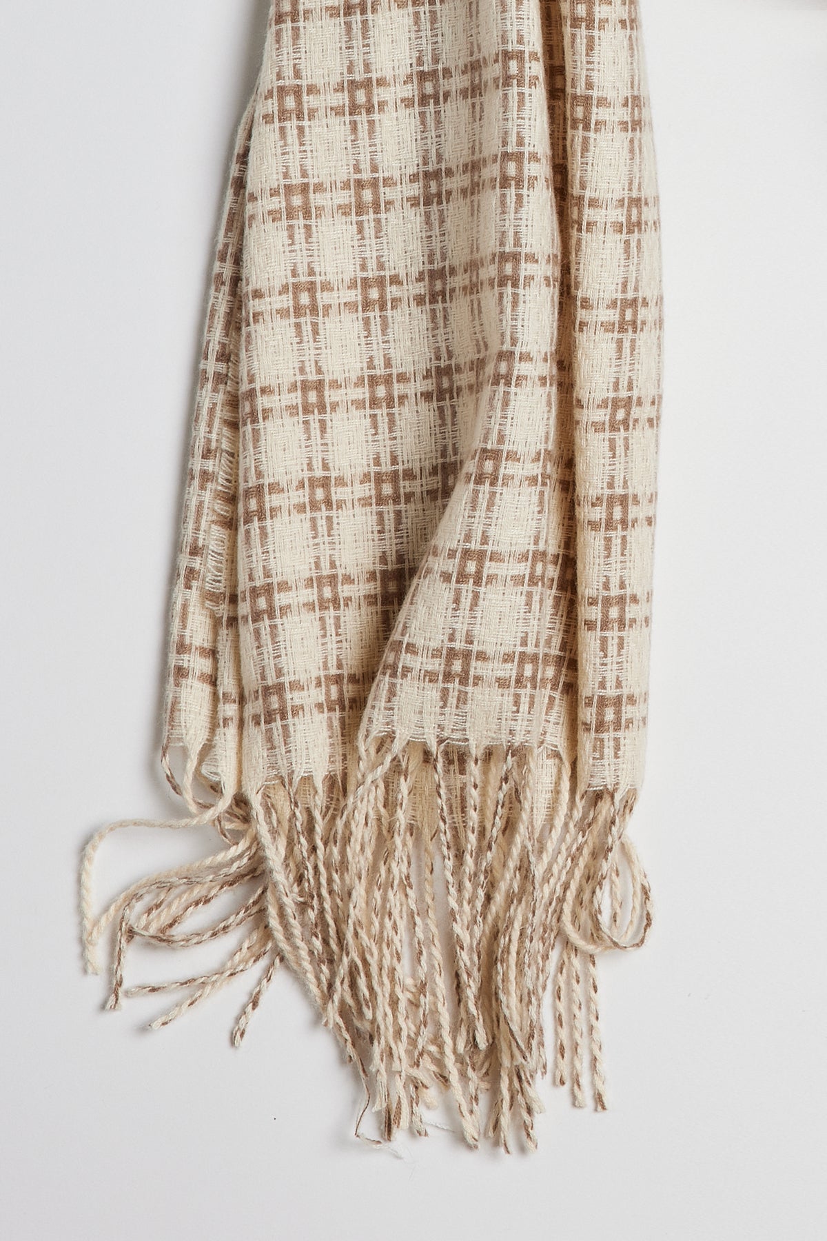 Close up detail of Twin Check Scarf in ivory and tan-26749530013889