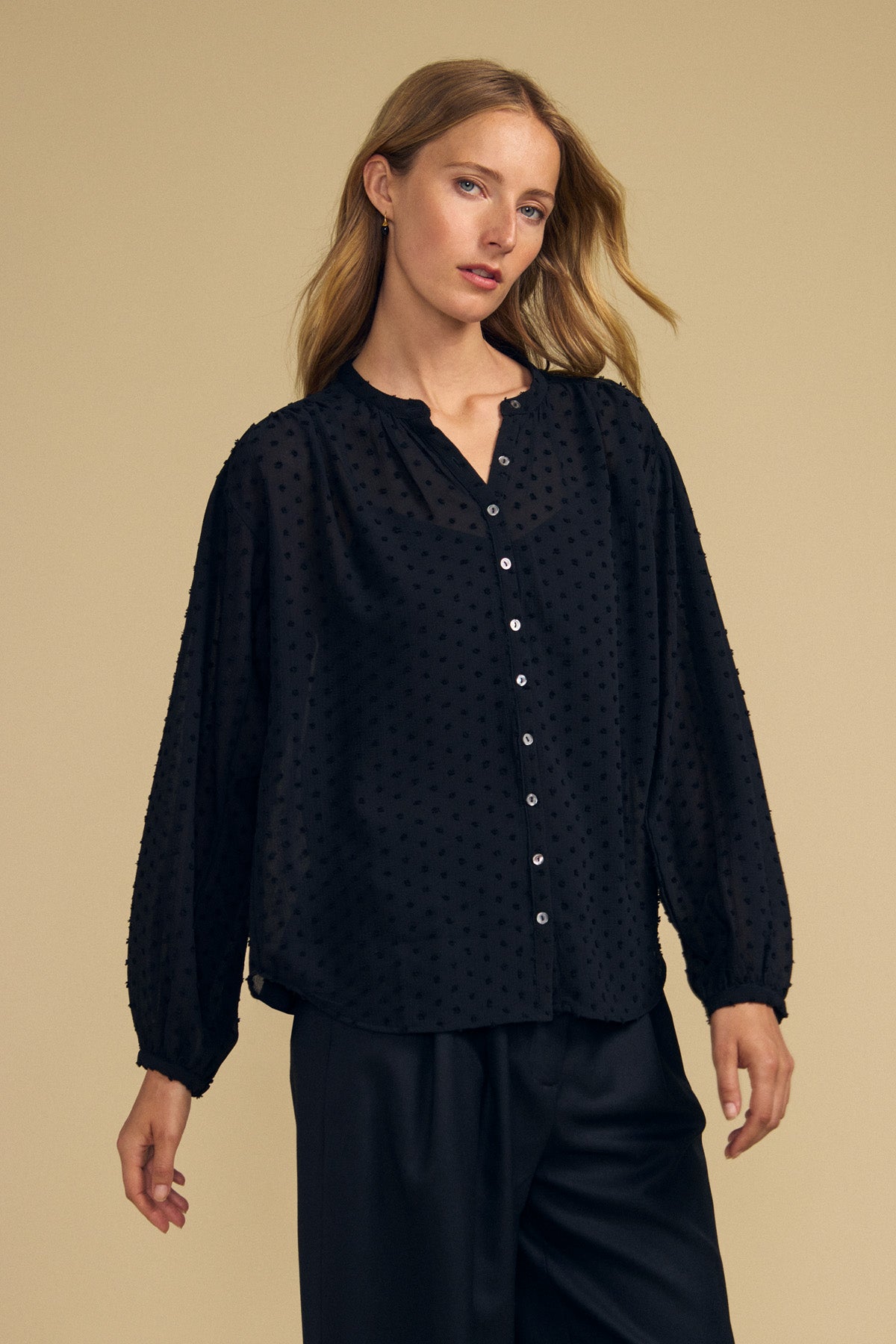 Velvet by Graham & Spencer ADRIANA TEXTURED CREPE TOP in black, featuring long sleeves, a button-front closure, mandarin collar, and a dot pattern.-46489821806785