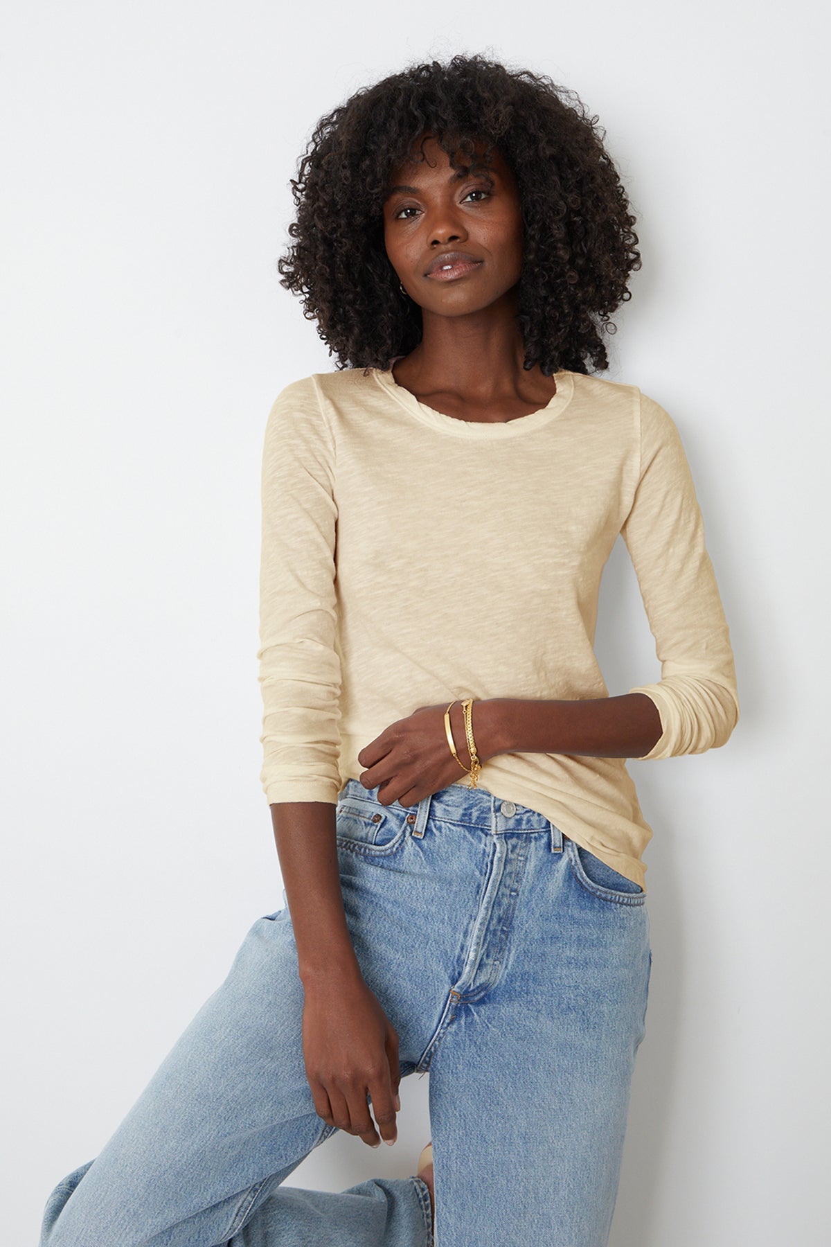 Lizzie long sleeve tee in sesame with light blue denim front-26630740312257