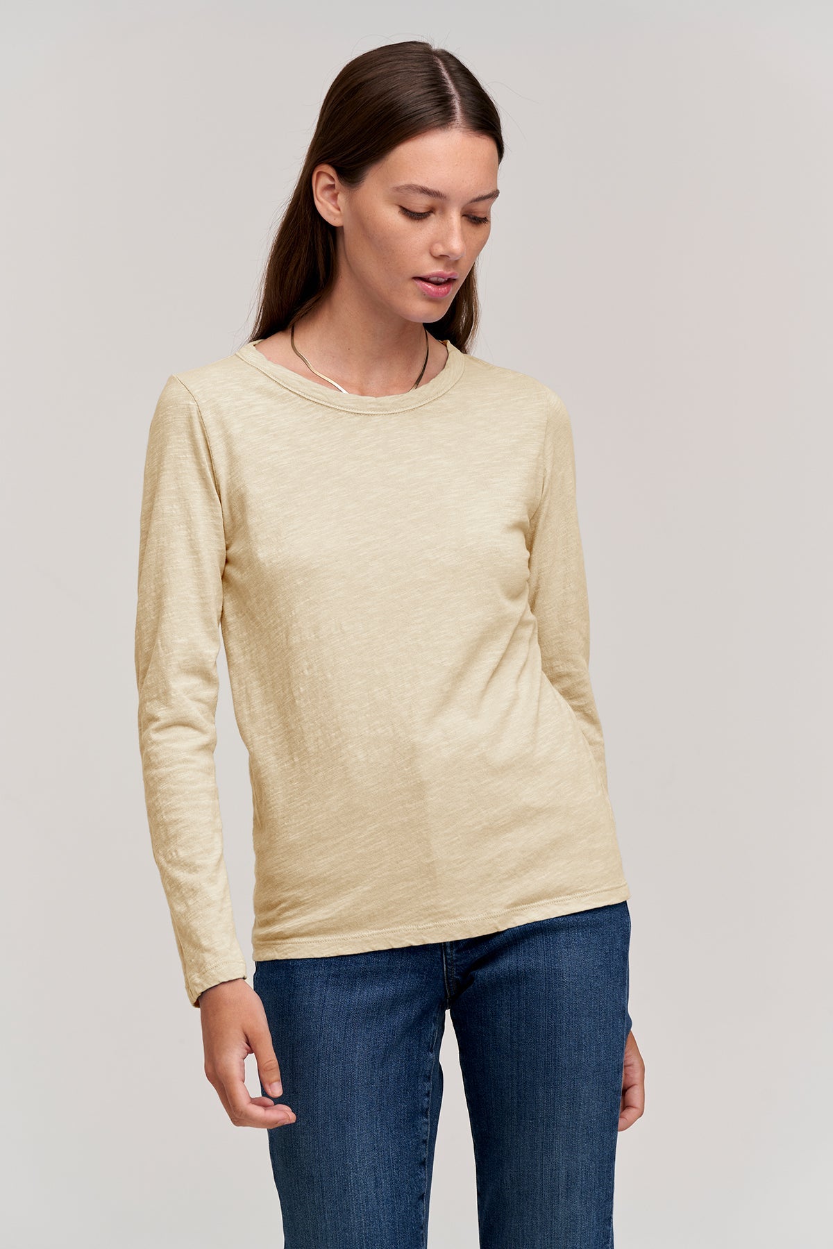 Lizzie long sleeve tee in sesame with blue denim front-26630740443329