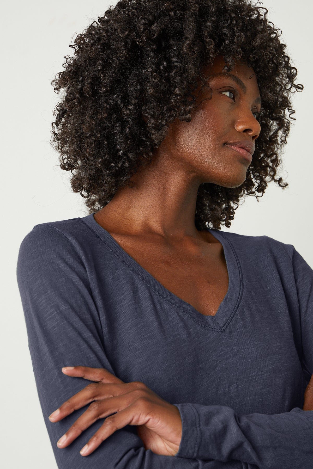 Blaire Original Slub Long Sleeve Tee in crater blue front close up detail-26630140985537