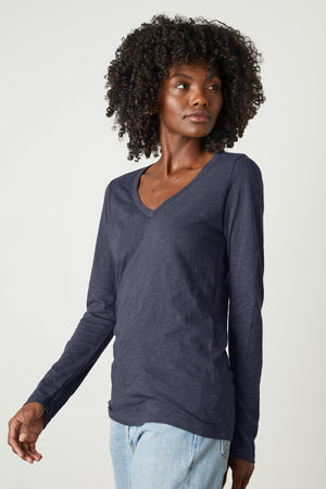 Blaire Original Slub Long Sleeve Tee in crater blue front & side