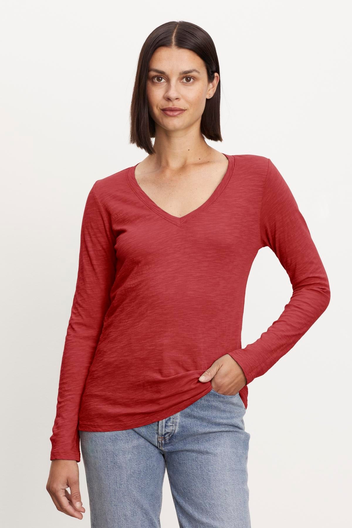 A woman wearing the Velvet by Graham & Spencer Blaire Original Slub Tee, made of whisper-soft cotton, showcasing a forever piece.-36594536644801