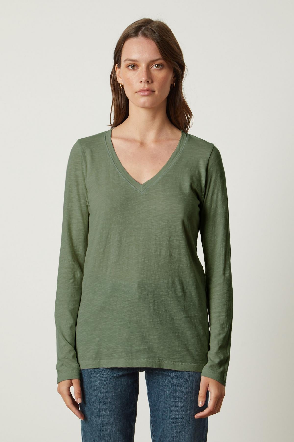 The Velvet by Graham & Spencer BLAIRE ORIGINAL SLUB TEE green v-neck t-shirt.-35782759219393