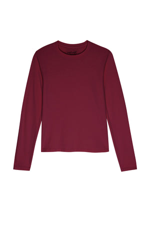 The Velvet by Jenny Graham VICENTE TEE, a maroon, long-sleeved crew neck with a relaxed fit, is laid flat against a white background.