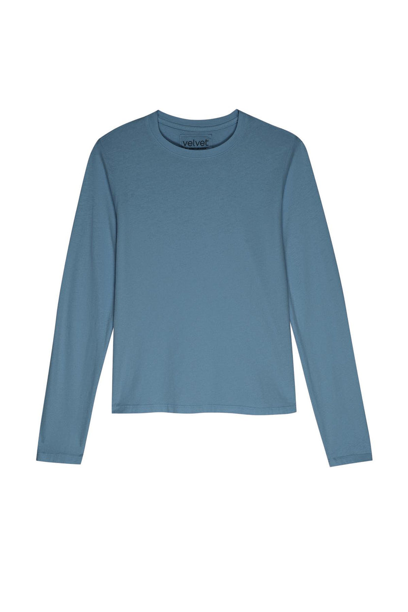 Organic cotton blue long-sleeved VICENTE TEE with a relaxed fit by Velvet by Jenny Graham.