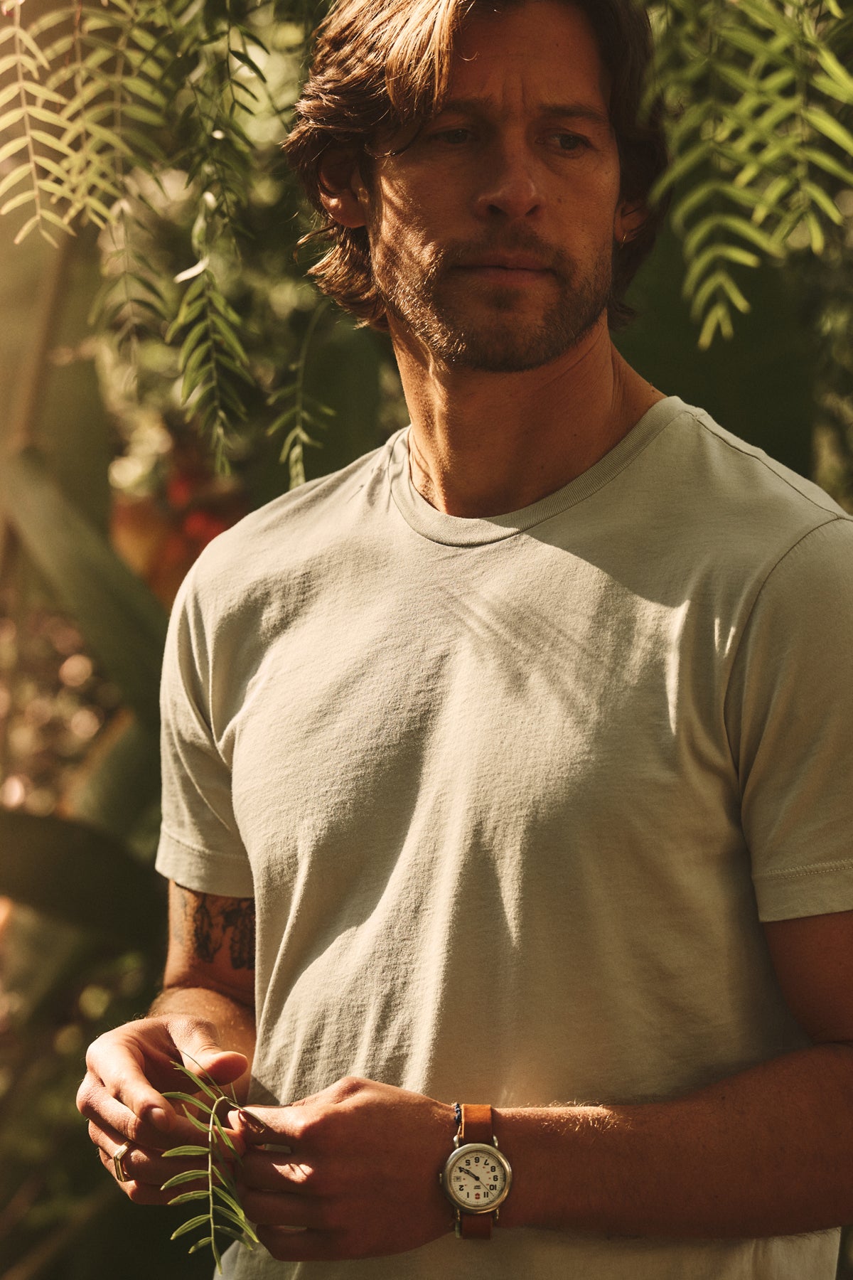   A man with light brown hair and a beard stands among green plants, wearing the Velvet by Graham & Spencer HOWARD TEE for a perfect fit and lightweight feel, paired with a brown-strap wristwatch for a soft vintage touch. 