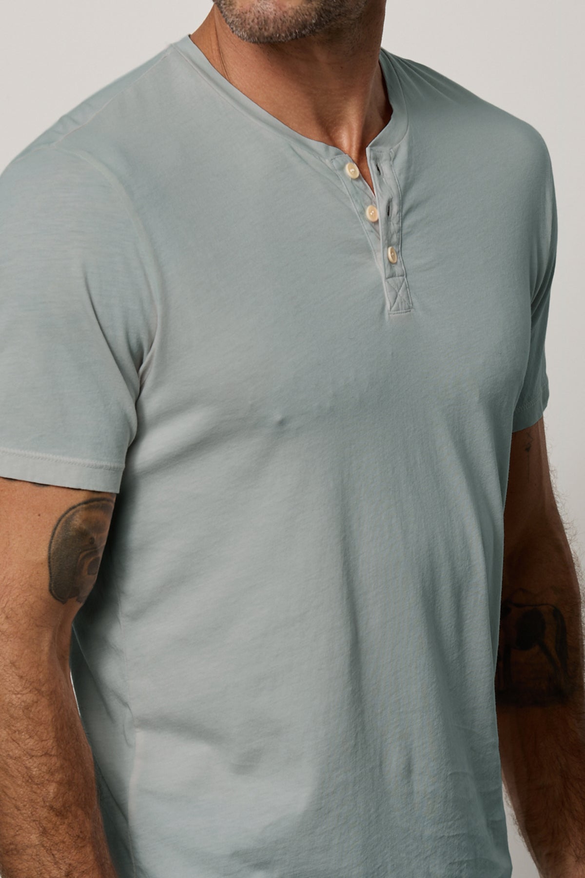 Fulton Short Sleeve Henley in ice blue close up front detail-26630311051457