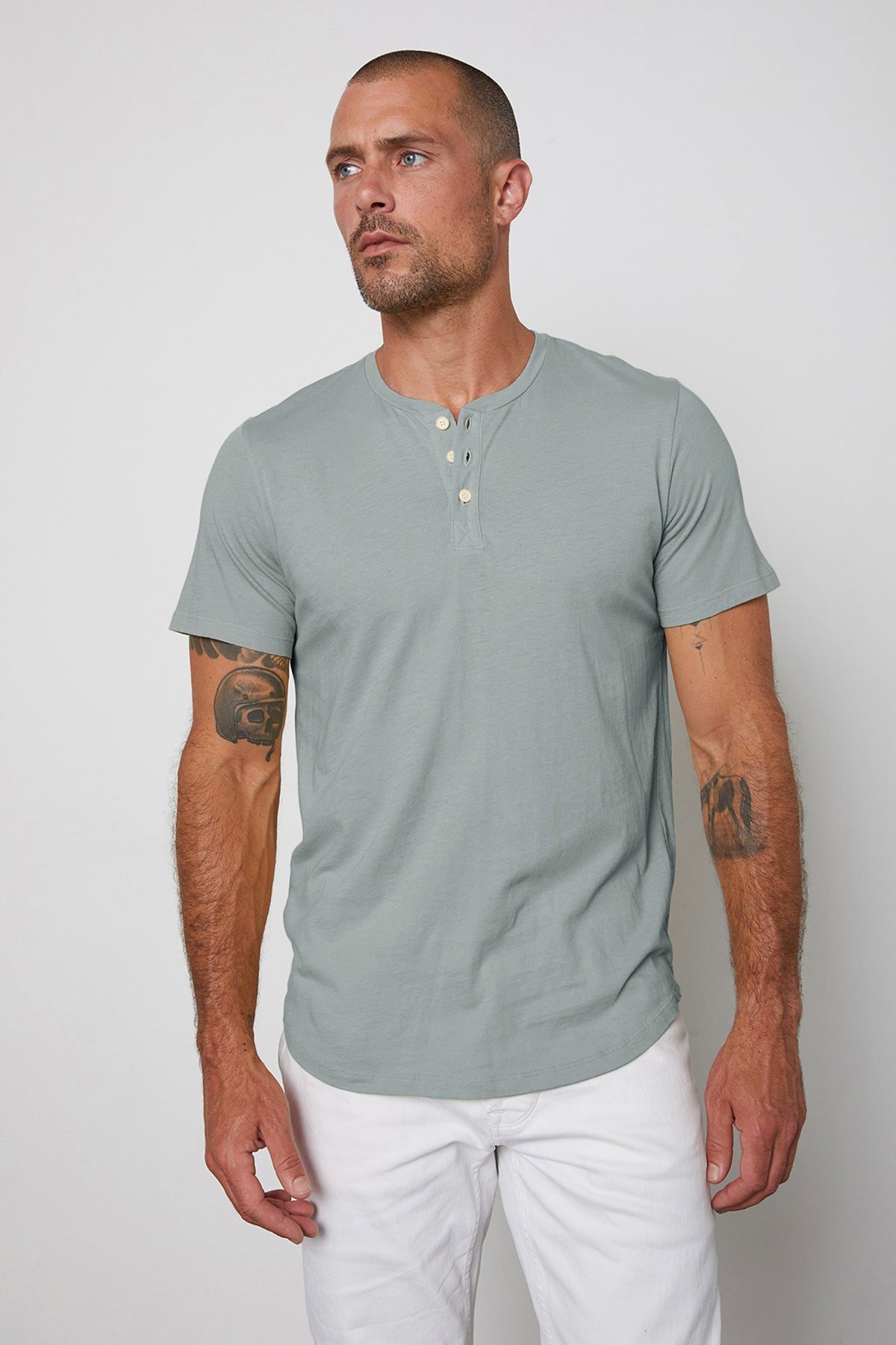 Fulton Short Sleeve Henley in ice blue with white denim front-26630310985921