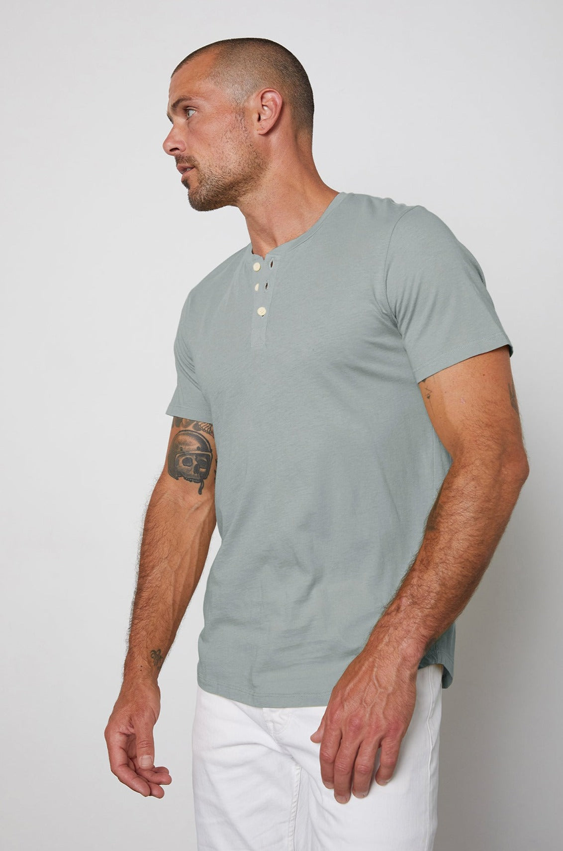   Fulton Short Sleeve Henley in ice blue with white denim front & side 