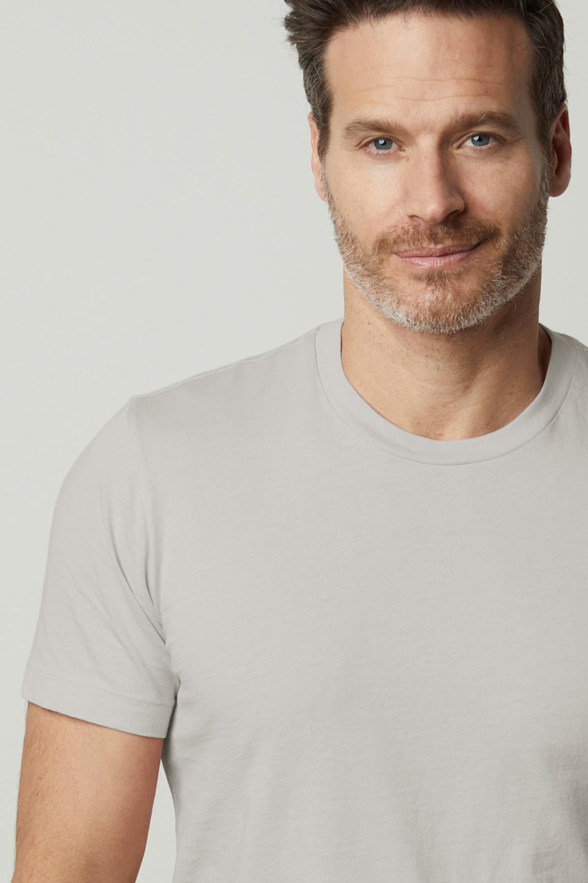 Man with short dark hair and light stubble, wearing the HOWARD TEE by Velvet by Graham & Spencer, made of Pima cotton jersey in a plain light gray color, smiling slightly in front of a neutral background.-37671772356801