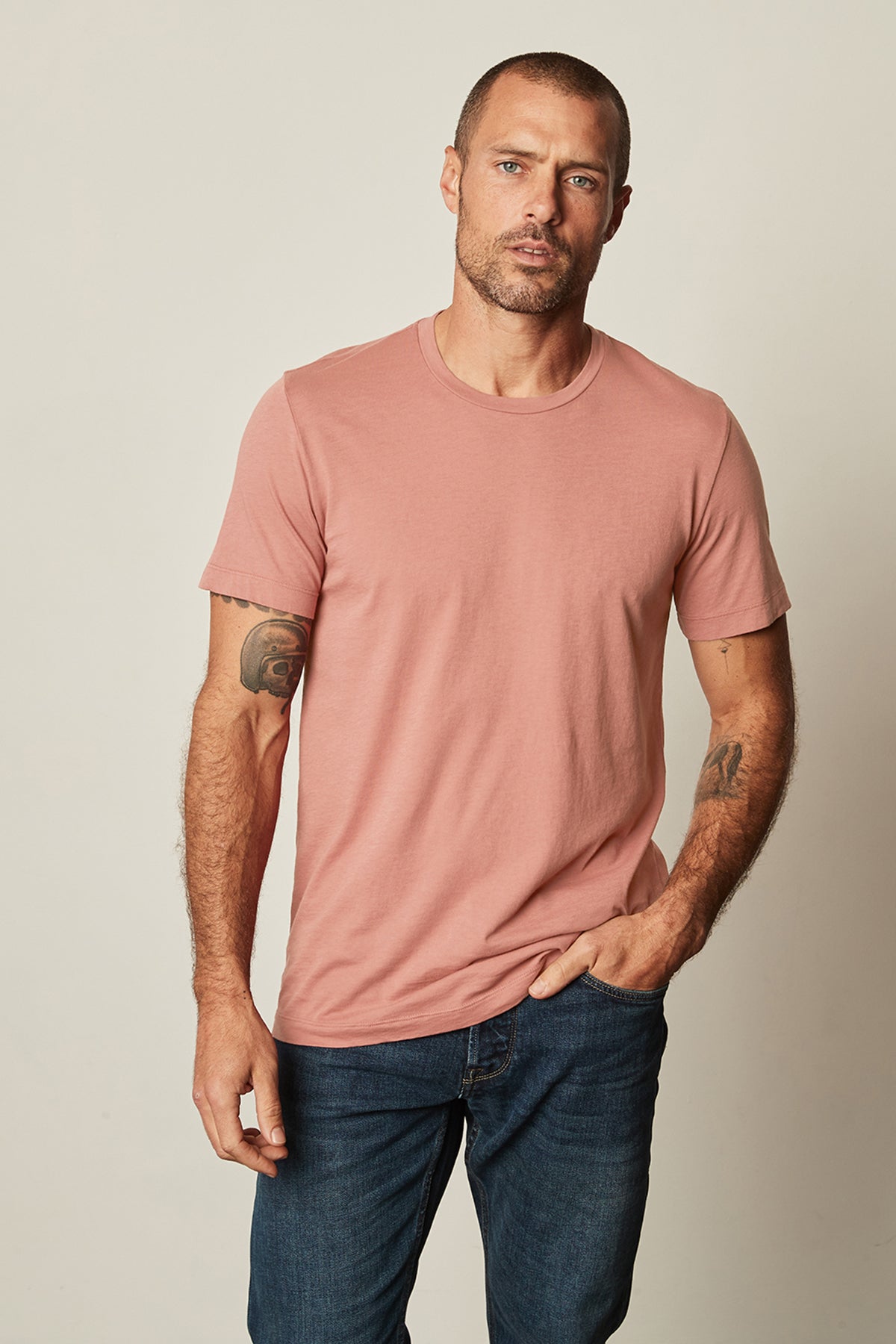 Howard Crew Neck Tee in scallop with blue denim front-26630398869697