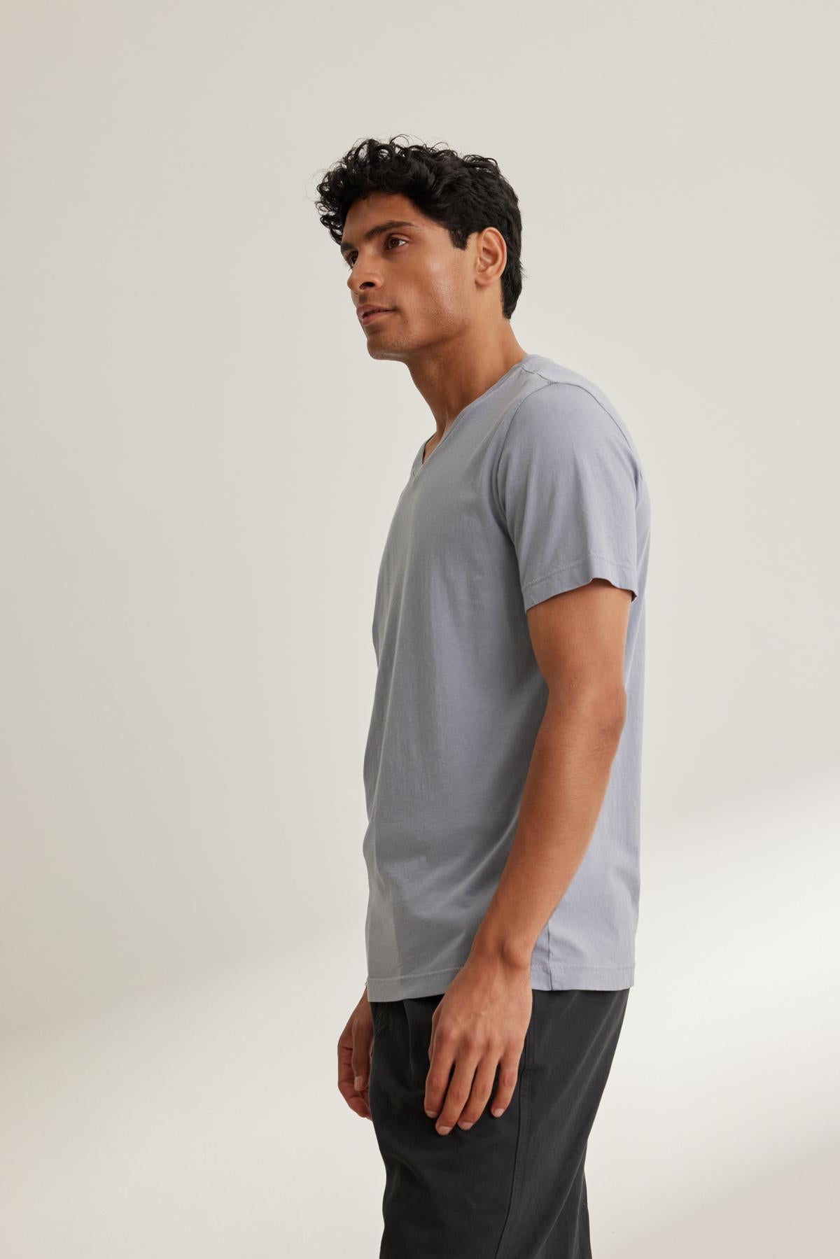   A person in a light gray SAMSEN TEE by Velvet by Graham & Spencer and dark pants stands against a plain background, looking to the side. 