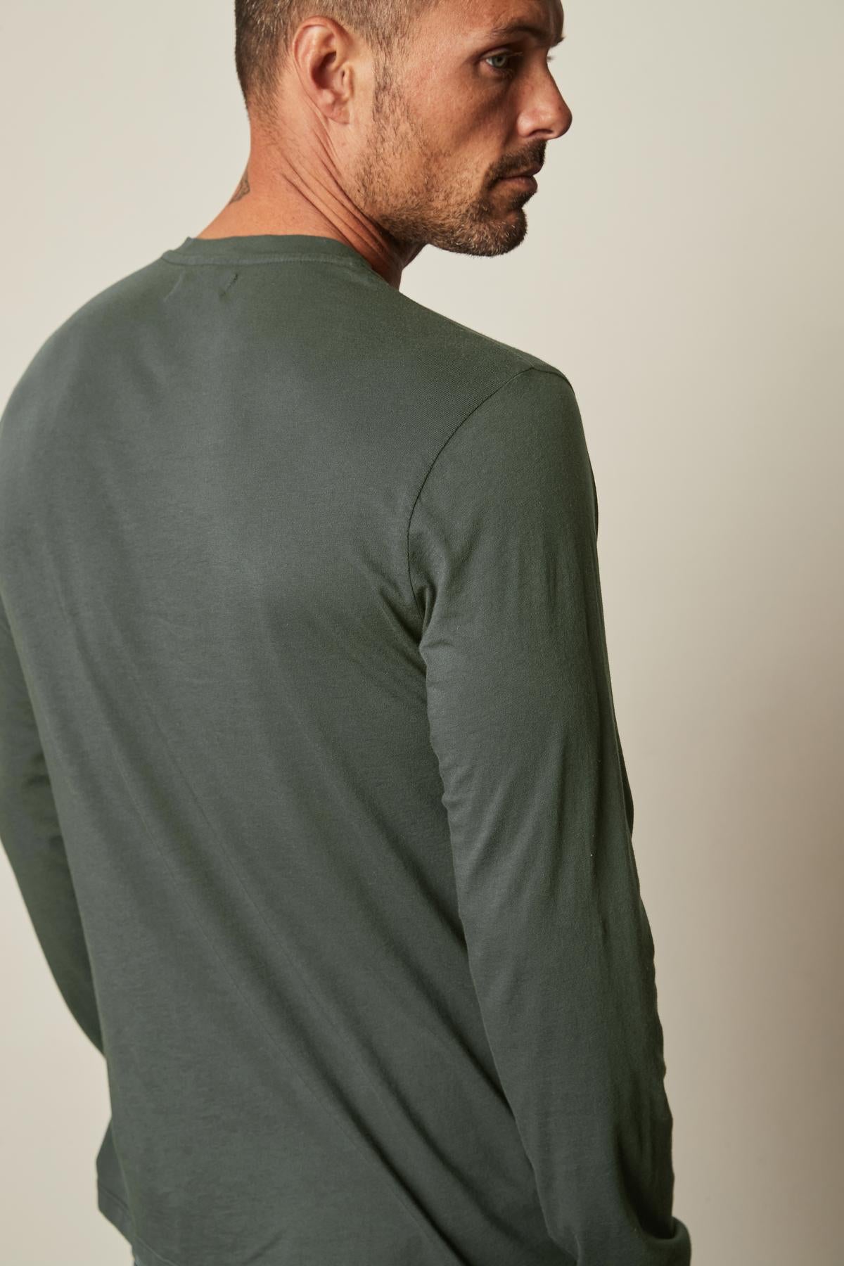   Skeeter Crew Neck Long Sleeve Tee in olive back close up 