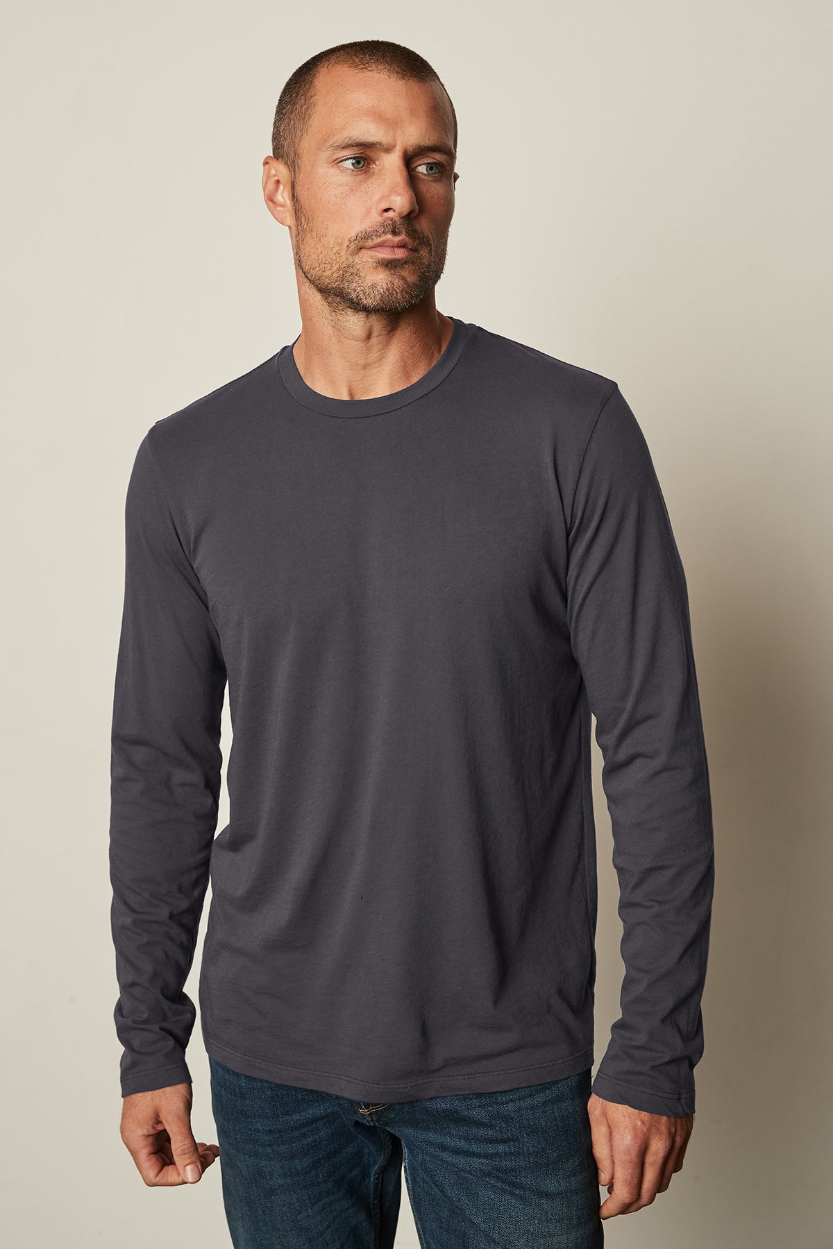 Skeeter Crew Neck Long Sleeve Tee in thunder with blue denim front-26632207597761