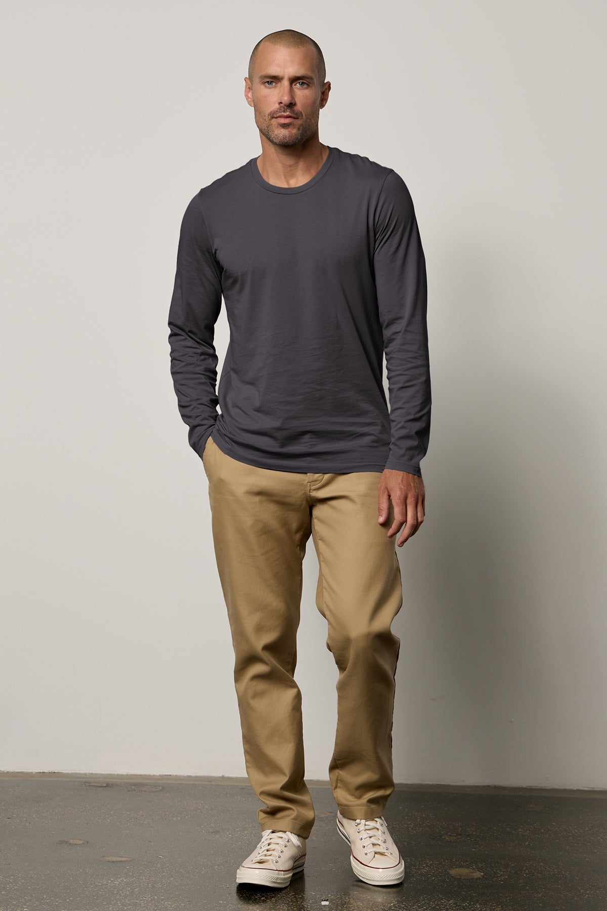   Skeeter Crew Neck Long Sleeve Tee in thunder with Aiden pant full length front 