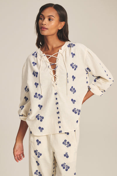 WINSLET FLORAL COTTON JACQUARD LACE-UP TOP – Velvet by Graham