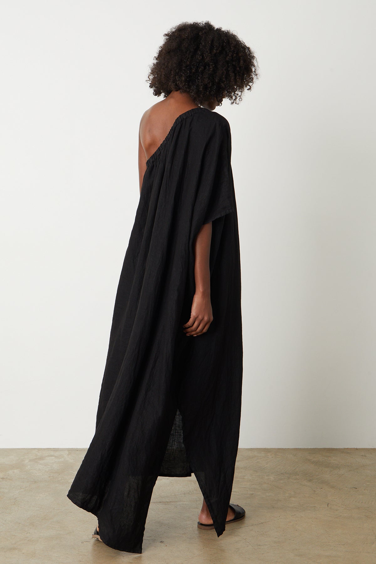   Andrea Linen Dress in black with black slides full length back & side 