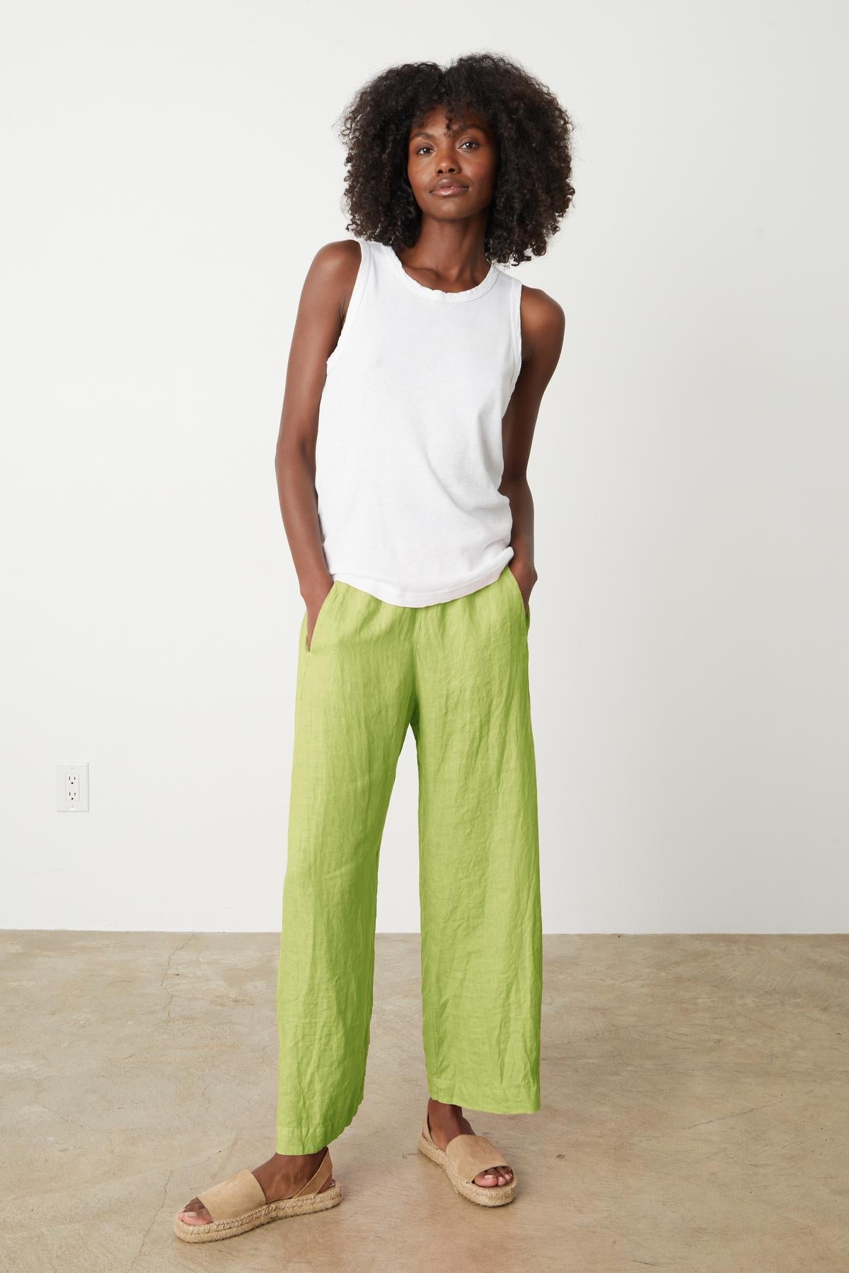   Lola pant in kiwi green colored linen with Maxie tank in white full length front 