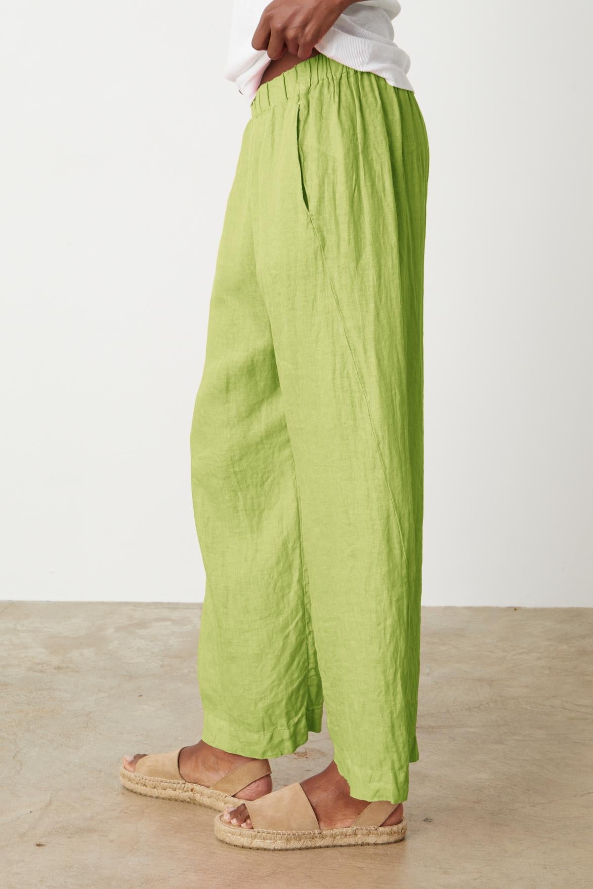 Lola pant in kiwi green colored linen side-35206341984449