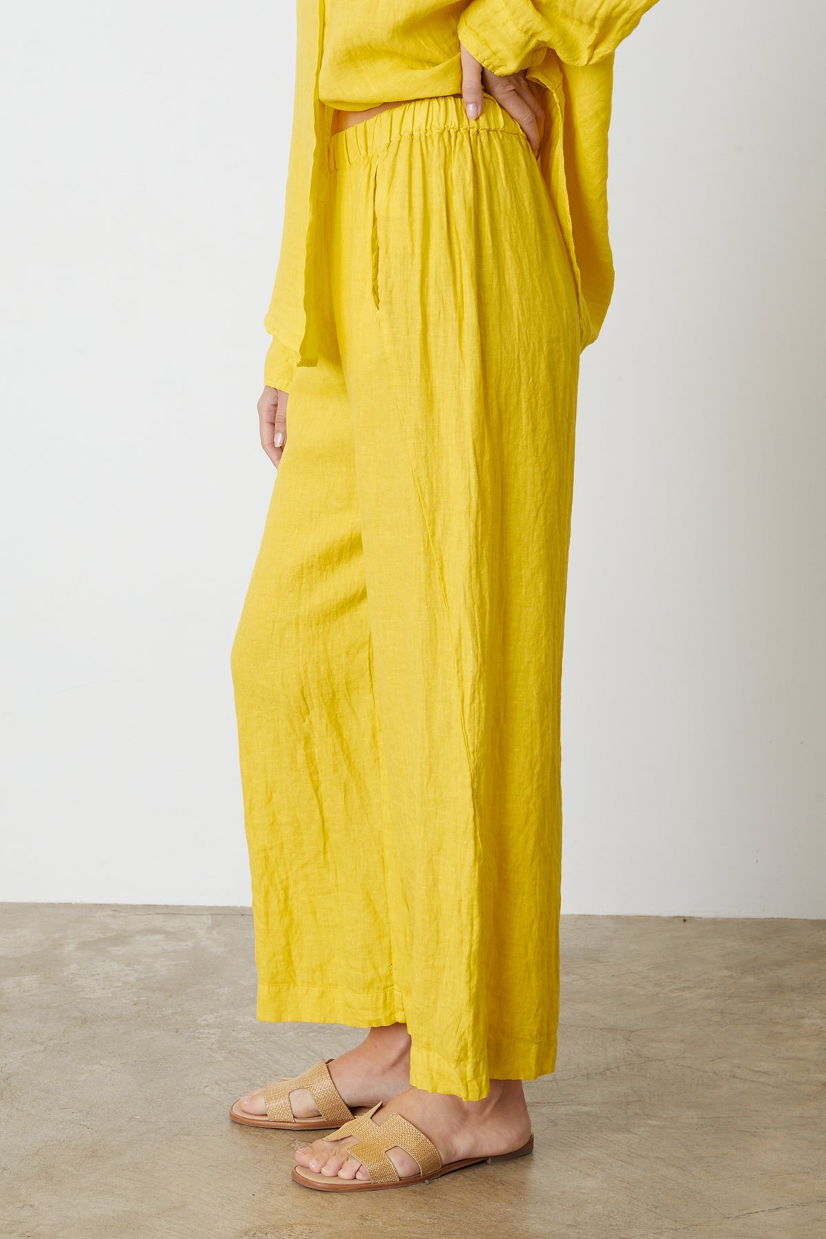   Lola pant in bright yellow sun colored linen side 