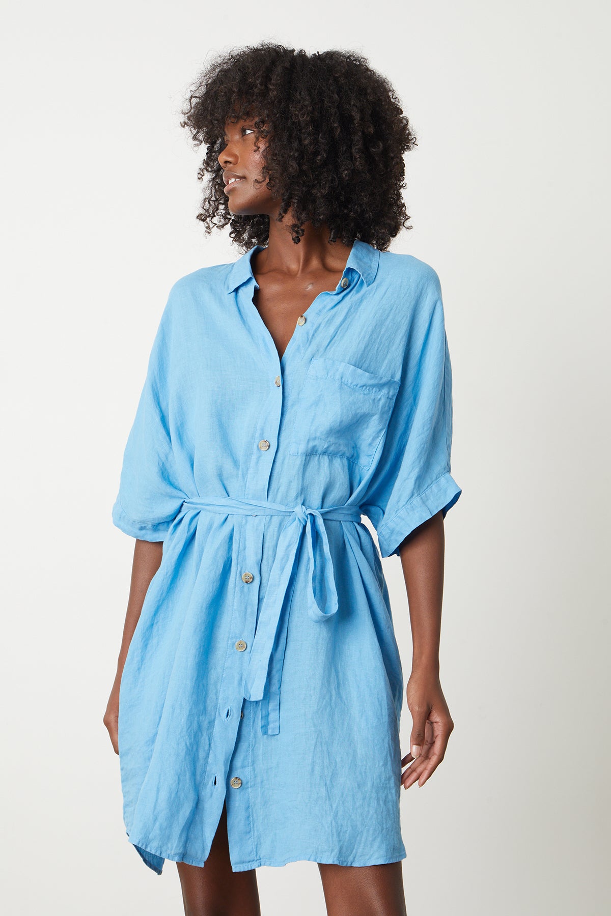 a model wearing the Velvet by Graham & Spencer STEVIE LINEN BUTTON-UP DRESS.-26342723551425