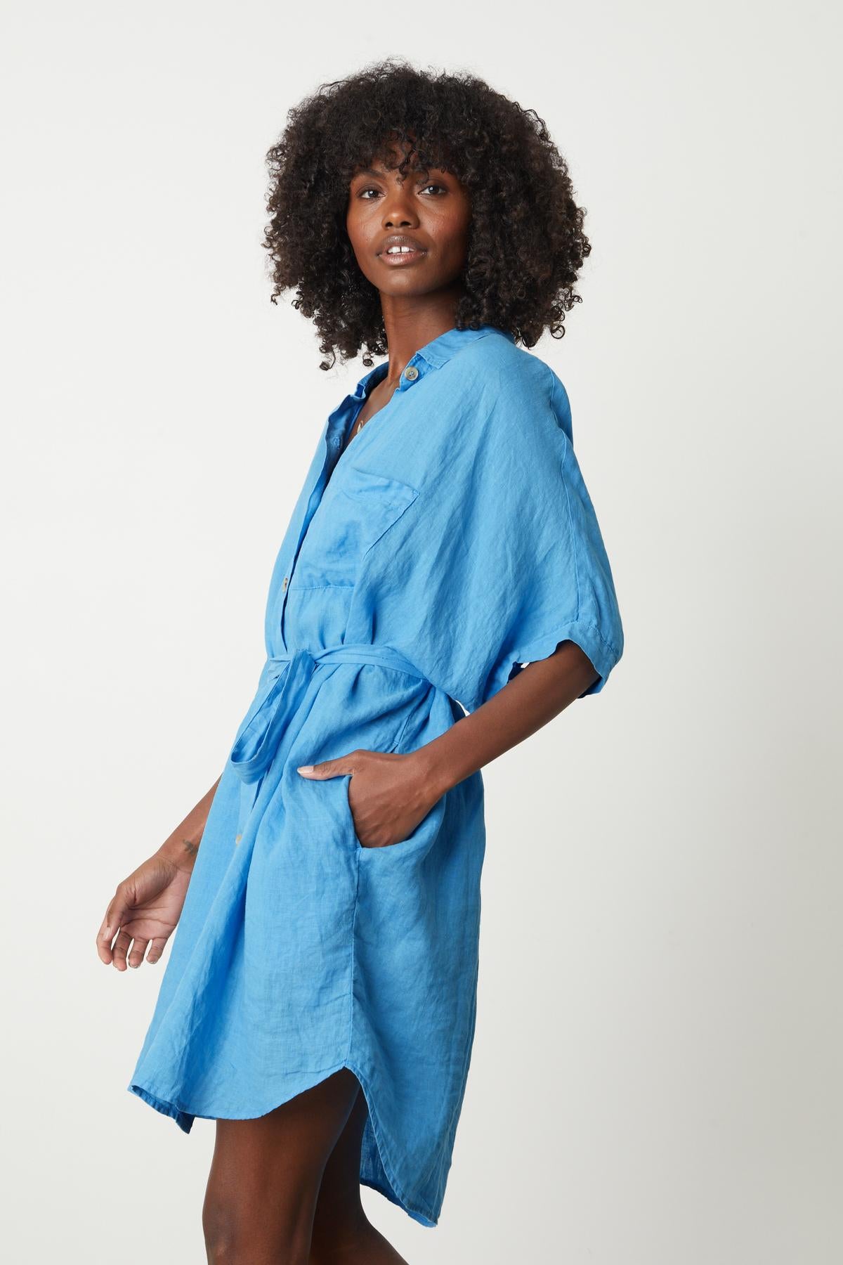 the model is wearing a blue Velvet by Graham & Spencer linen shirt dress.-26544325427393