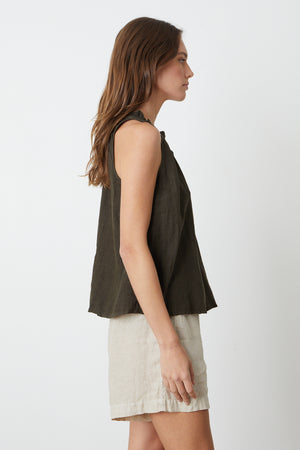 Zoey Tank Top in brown caviar linen with Tammy linen shorts side