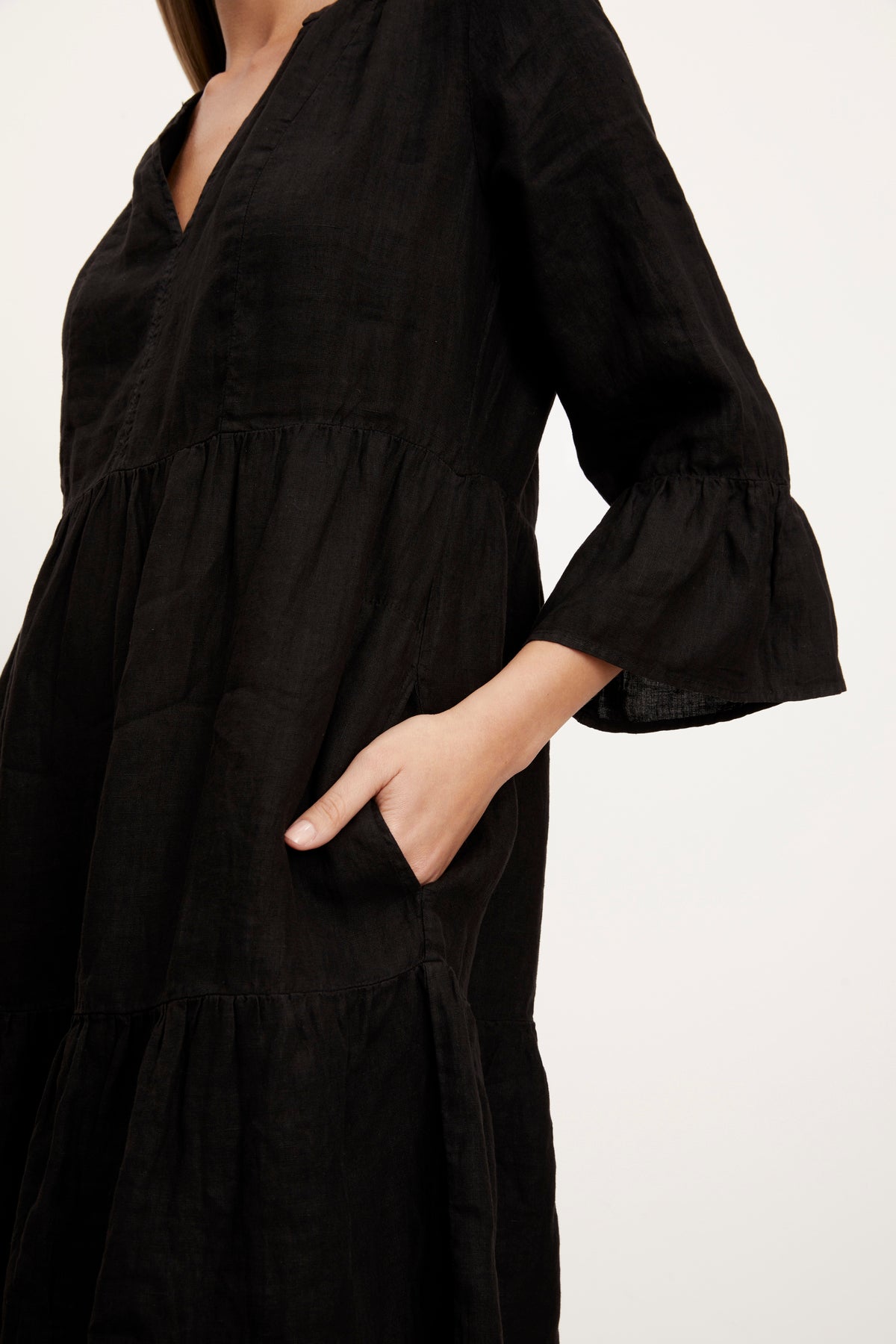 Aurora Tiered Dress in black linen close up of models hand in pocket-26426151502017