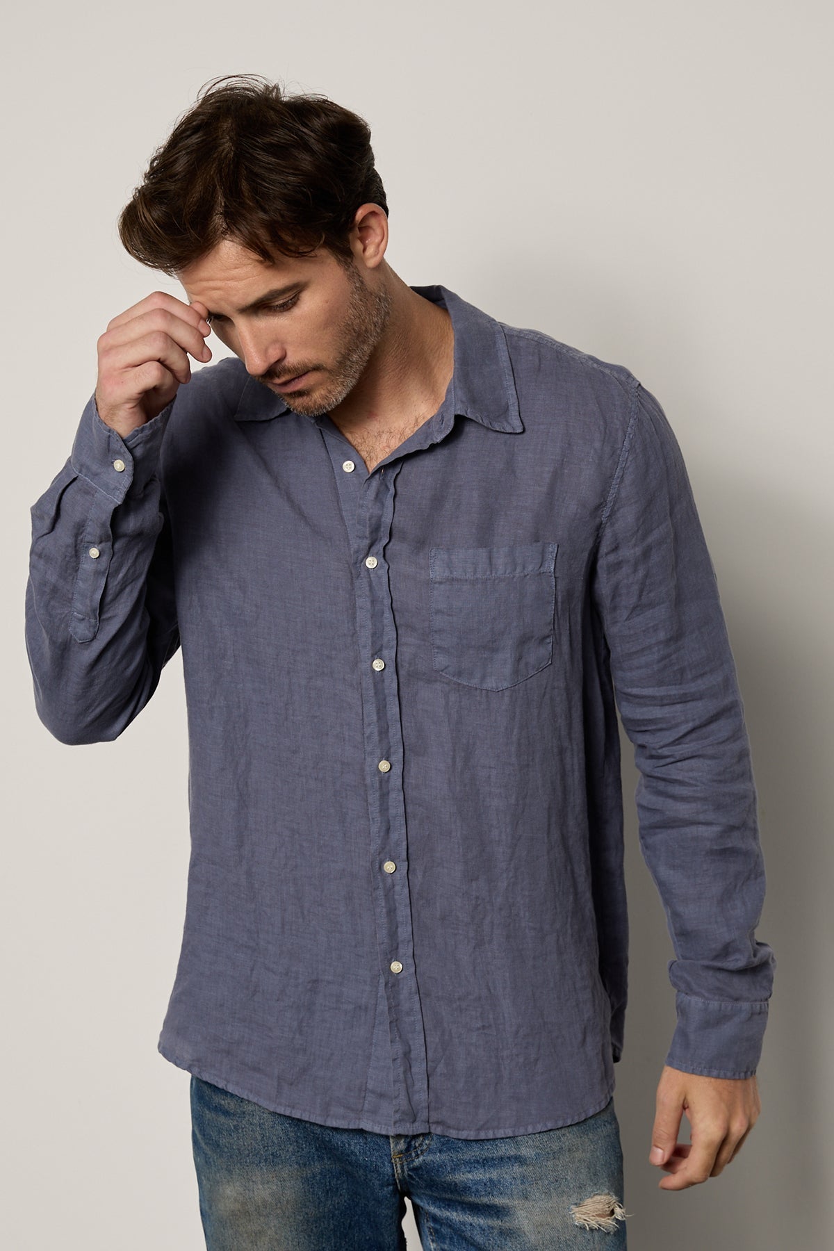   Benton Button-Up Shirt in baltic blue linen with worn denim front 