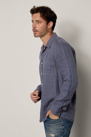 Benton Button-Up Shirt in baltic blue linen with worn denim side