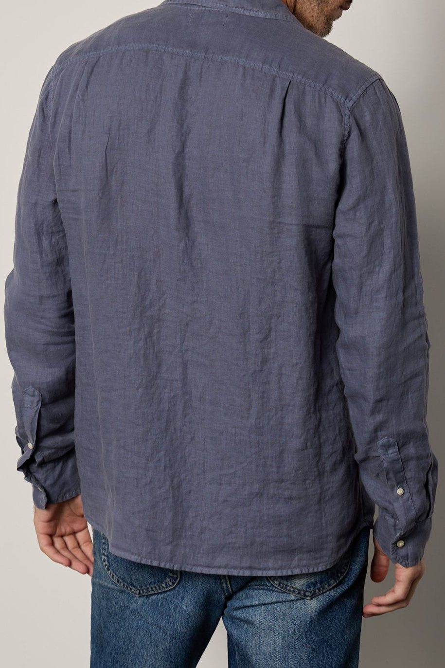   Benton Button-Up Shirt in baltic blue linen with worn denim back 