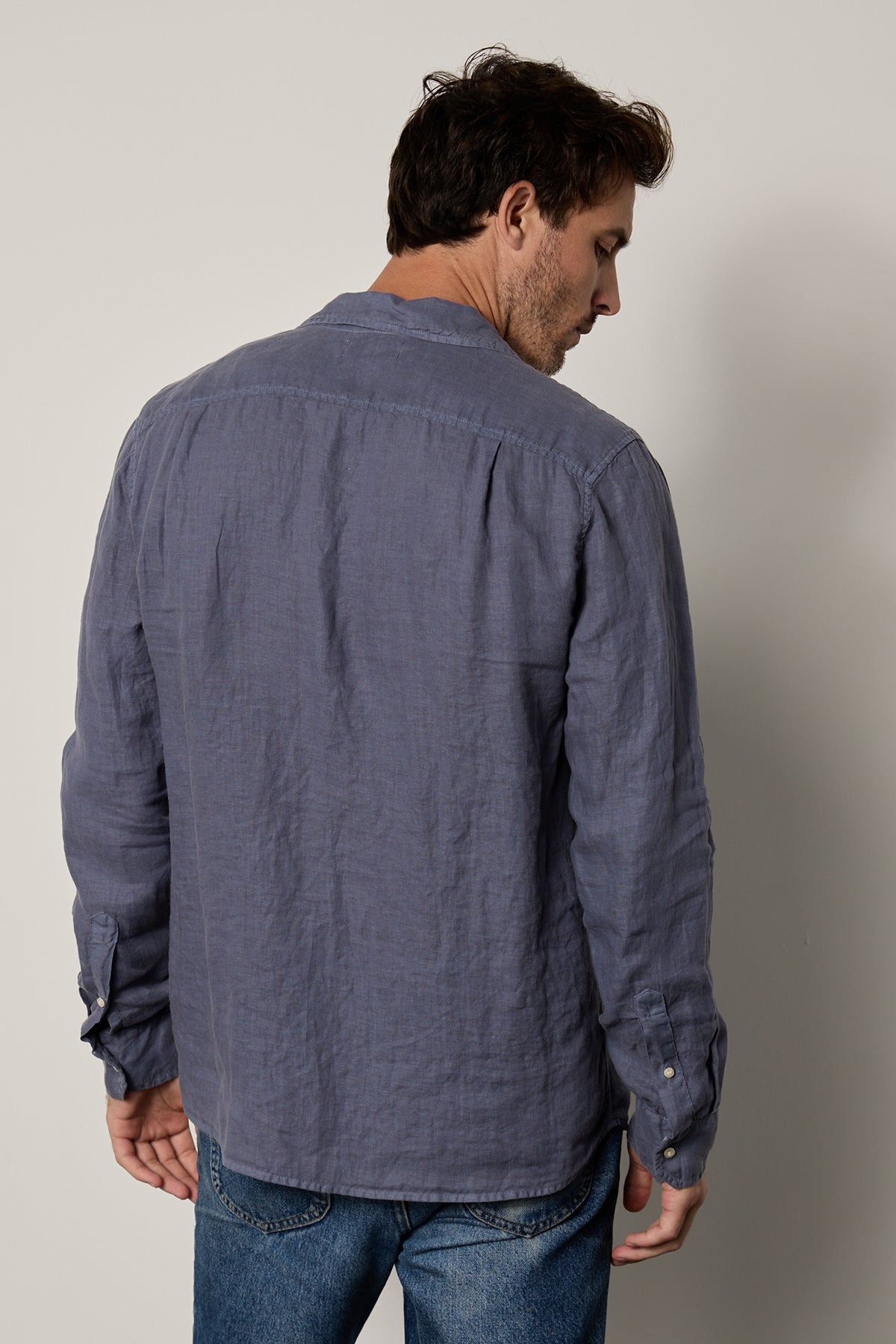 Benton Button-Up Shirt in baltic blue linen with worn denim back-35955069321409