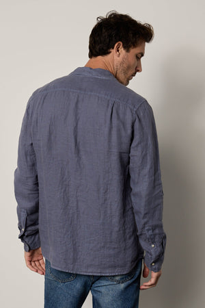 Benton Button-Up Shirt in baltic blue linen with worn denim back
