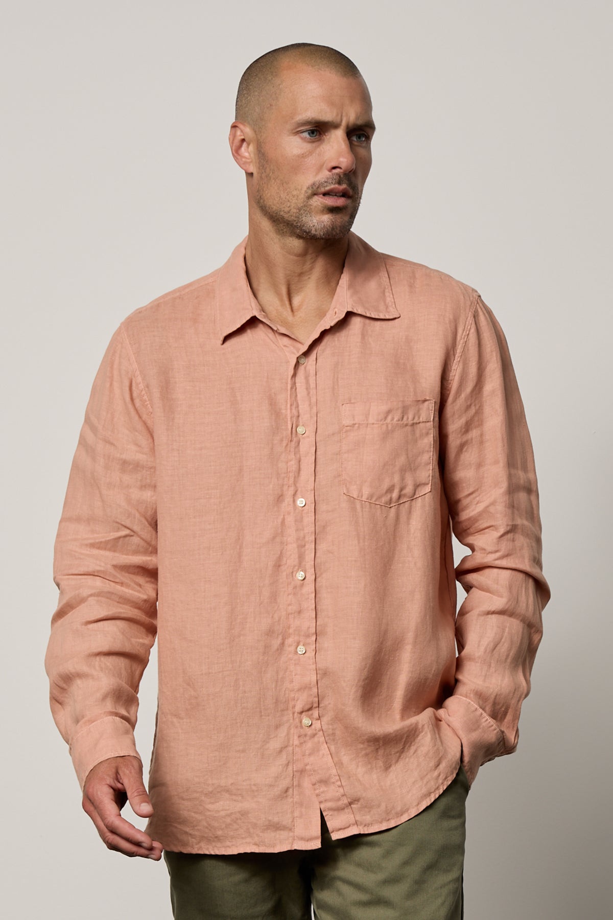 Benton Button-Up Shirt in bronze linen front-35955069223105