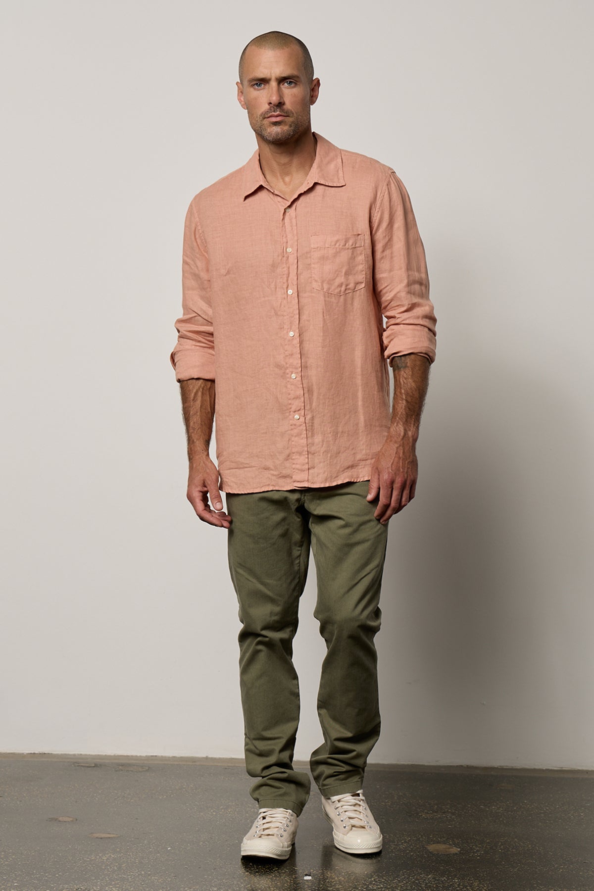   Benton Button-Up Shirt in bronze linen with sleeves rolled full length front 