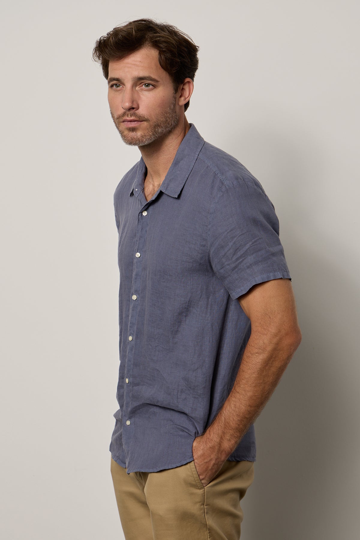 Mackie Button-Up Shirt in baltic blue linen with khaki pants side-26343174930625