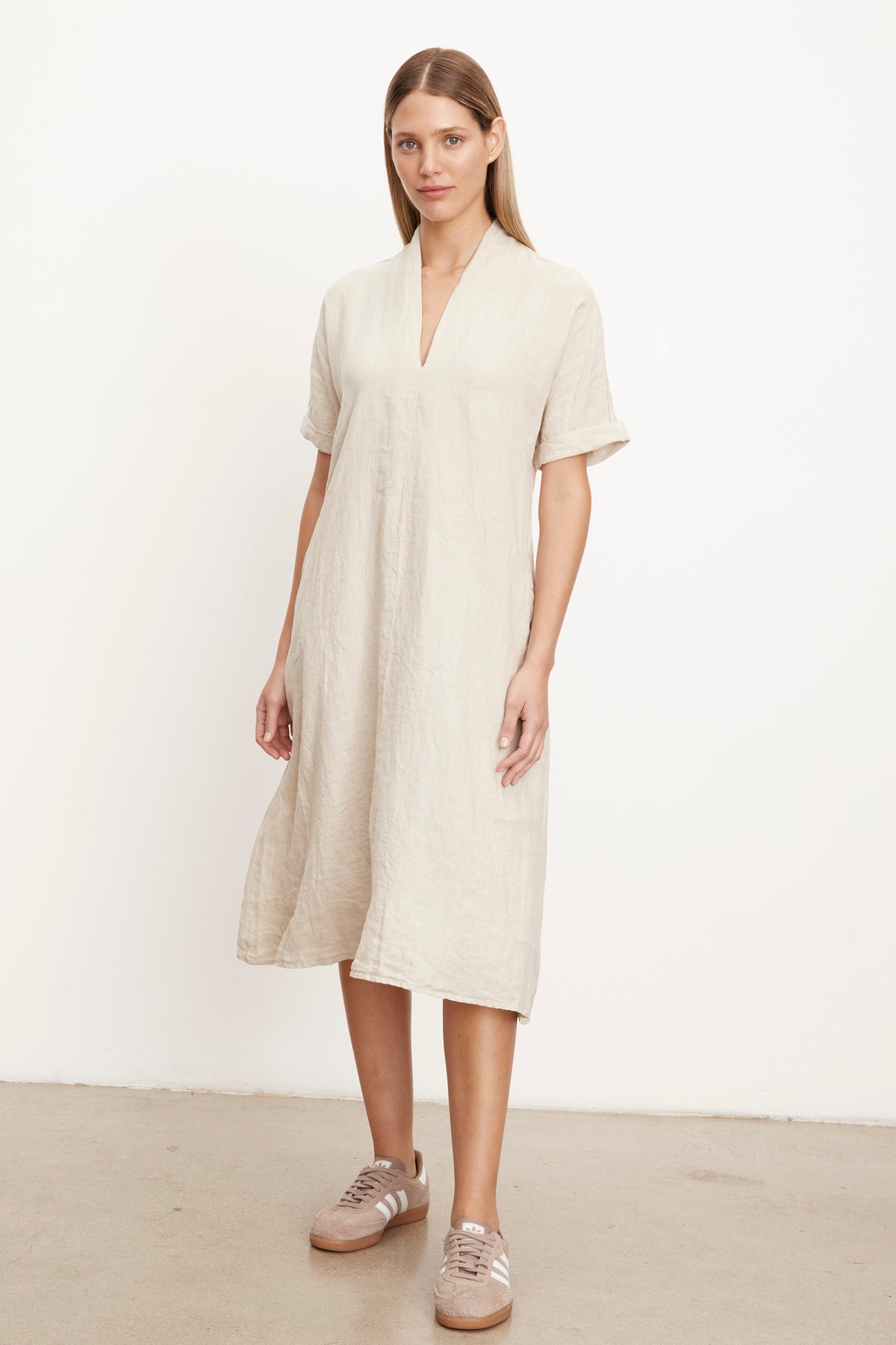 Winley Dress in sand colored linen full length front-26426151960769